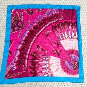 VINTAGE HERMES Silk Scarf Pink Blue Feathers.
